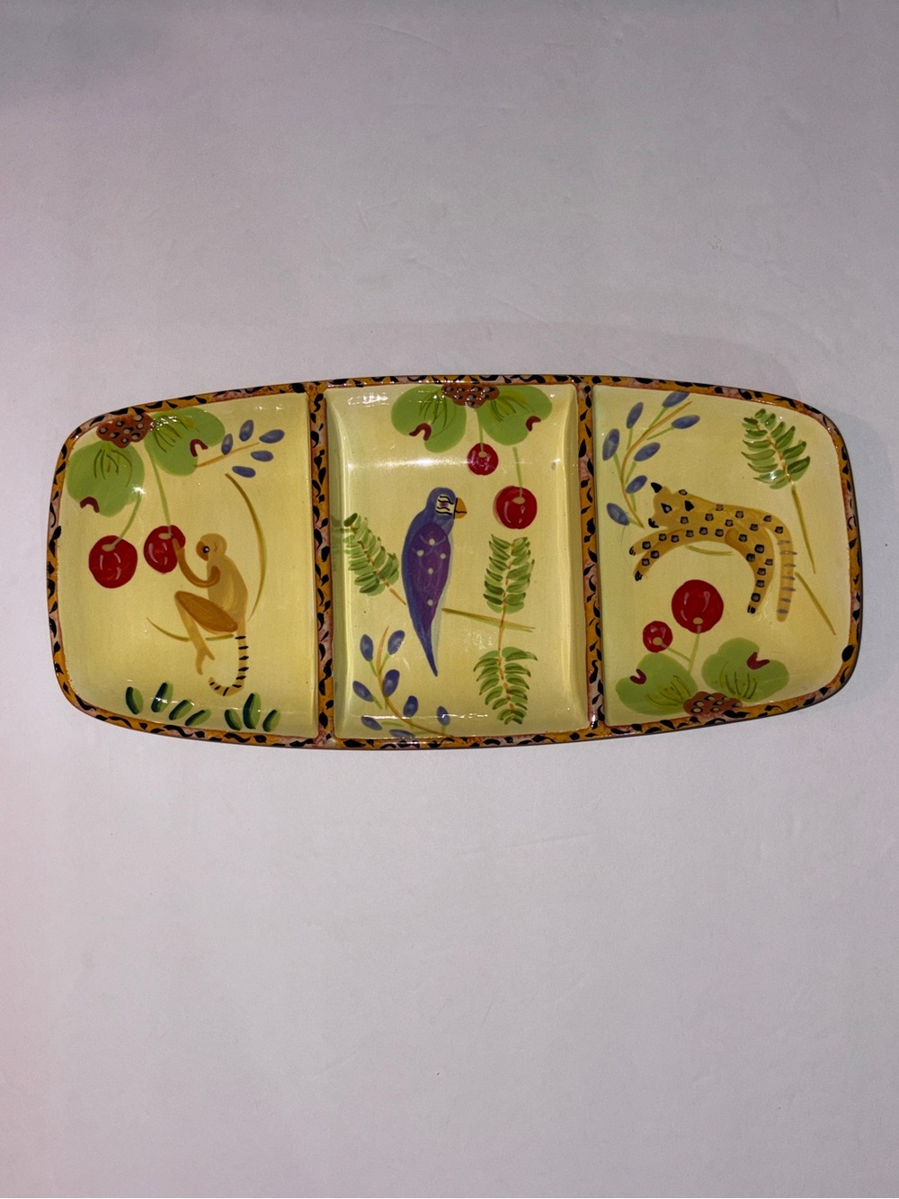 Eileen Tramonte Divided 3 Section Appetizer Dish - Bird & Jungle Motif